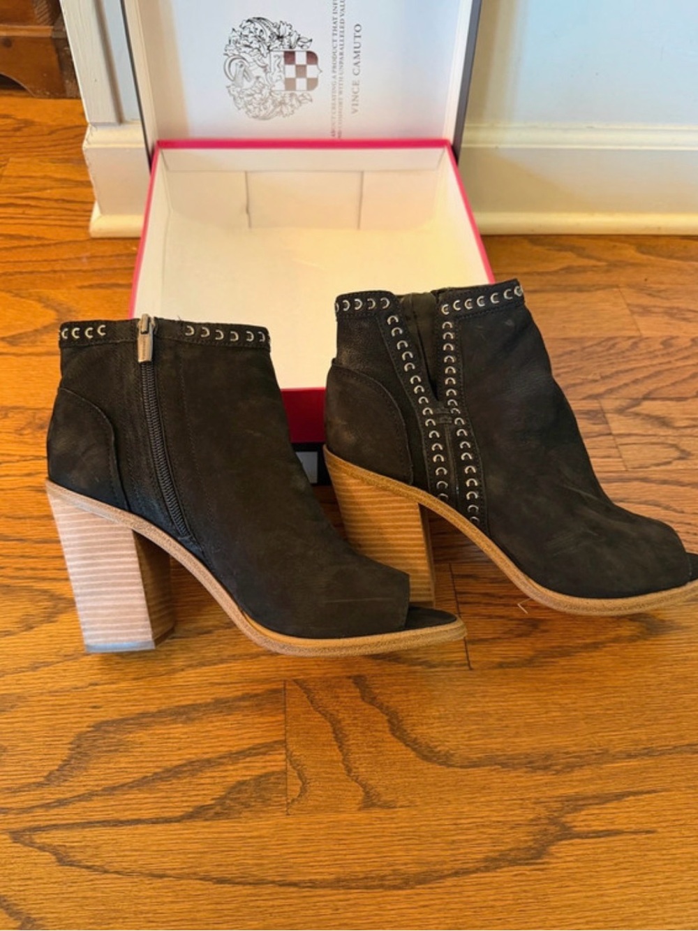 Vince Camuto Black Suede Studded Peep-Toe Ankle Booties